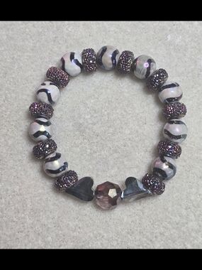 Purple Sparkle Stretch Bracelet with Marbled Beads & Crystal Hearts